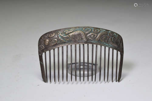 Old Chinese Dragon Pattern Silver Metal Small Comb