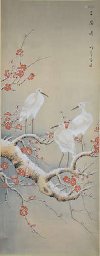 Chinese Bird with Flower Silk Painting, Wu Zhuyun Mark