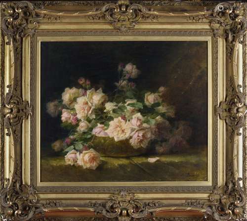 André PERRACHON (1827-1909).<br />
Roses dans une jardinière...