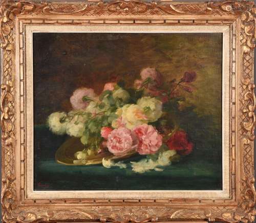 André PERRACHON (1827-1909).<br />
Roses dans un plat en cui...