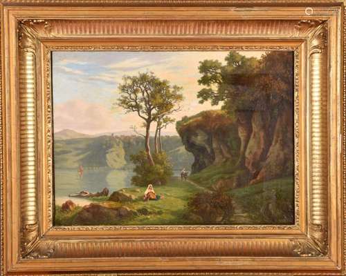 Gaspard ANRIOUD (1809-1866).<br />
Paysage animé près d'un l...