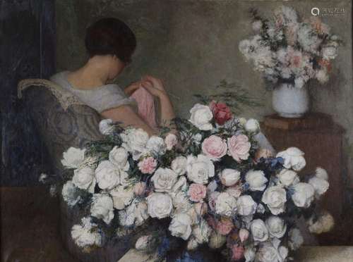 Adolphe DETEIX (1892-1967).<br />
Tricot dans le salon fleur...