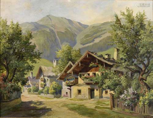 Karl FLIEHER (1881-1958).<br />
Petit village fleuri dans la...