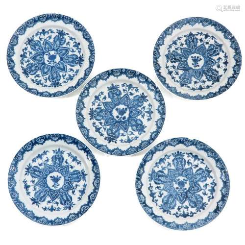 A Series of 5 Blue and White Plates