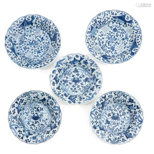 A Collection of 5 Blue and White Plates