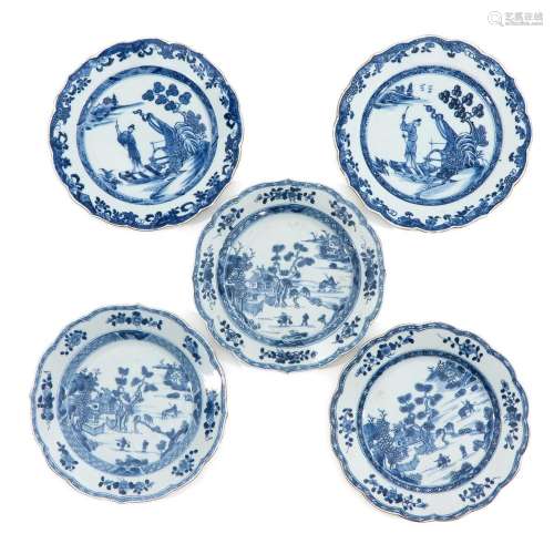 A Collection of 5 Blue and White Plates