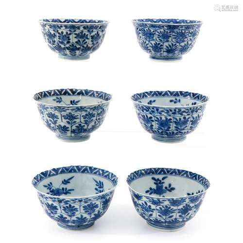 A Series of 6 Small Blue and White Bowls