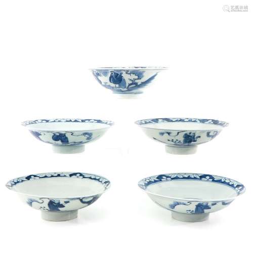 A Collection of 5 Blue and White Bowls