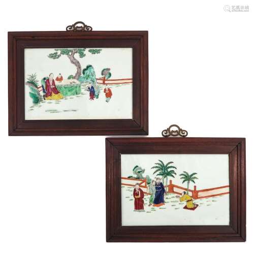 A Pair of Famille Verte Framed Tiles