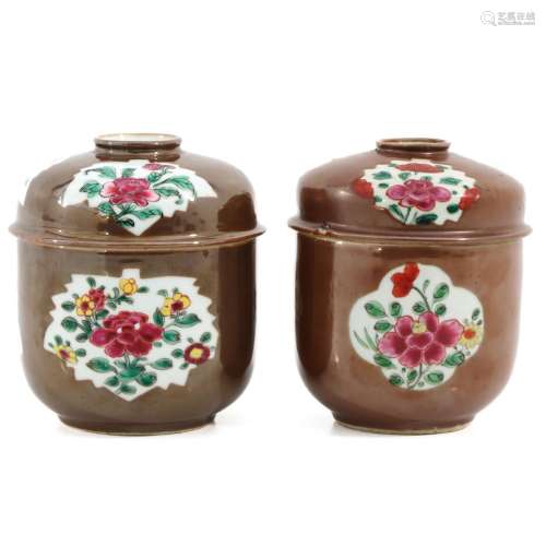 A Pair of Batavianware Jars with Covers
