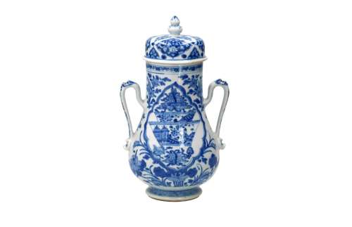 A blue and white porcelain lidded jar with two ears