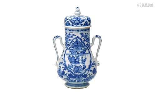 A blue and white porcelain lidded jar with two ears