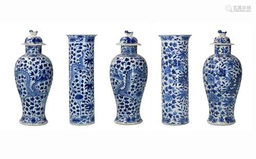 A five-piece blue and white porcelain garniture, decorated w...