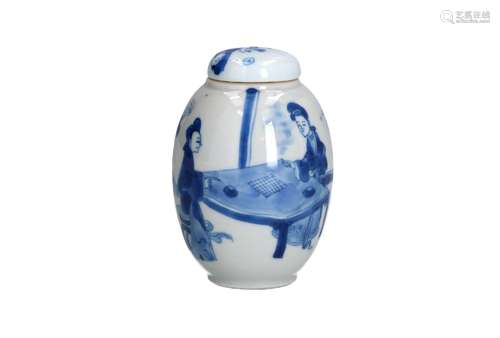 A blue and white porcelain lidded jar, decorated with figure...