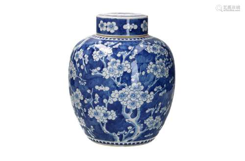 A blue and white porcelain ginger jar, decorated with 'prunu...