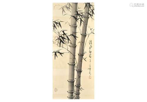 A scroll painting in frame, depicting bamboo