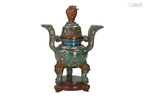 A polychrome cloisonné tripod incense burner with two handle...