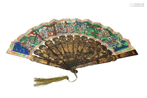 A lacquer with paper fan in wooden box, decorated with figur...