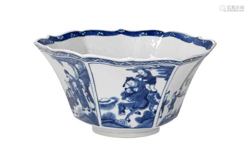 A hexagonal blue and white porcelain bowlwith scalloped rim,...