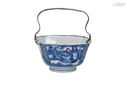 A square blue and white porcelain bowl, decorated with long ...