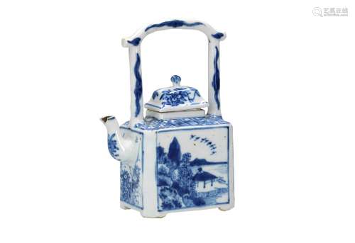 A square blue and white porcelain teapot, decorated with a m...