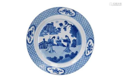 A blue and white porcelain dish, decorated with long Elizas