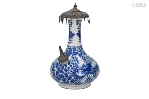 A blue and white porcelain kendi with mounting, decorated wi...