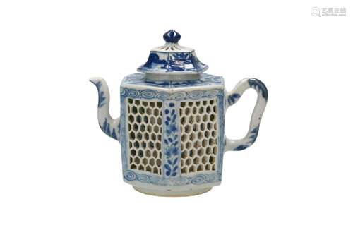 A blue and white porcelain teapot with devil's work, decorat...