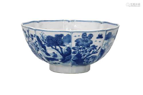 A lobed octagonal blue and white porcelain bowl, decorated w...