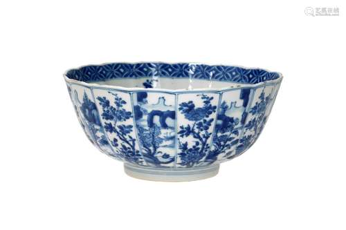 A lobed blue and white porcelain bowl, decorated with reserv...