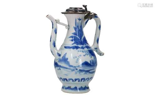 A blue and white porcelain ewer with later silver mounting, ...