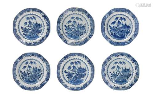 A set of six octagonal blue and white porcelain dishes, deco...