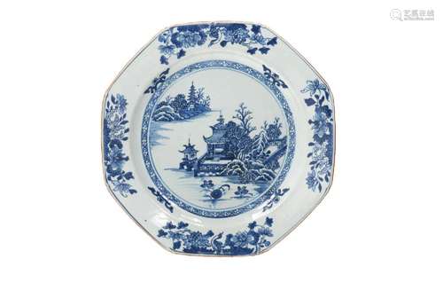 An octagonal blue and white porcelain dish, decorated with a...