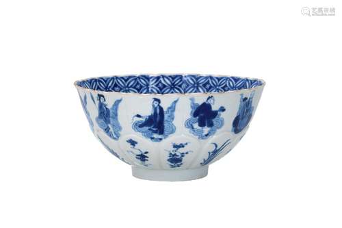 A lobed blue and white porcelain bowl, decorated with eleven...