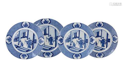 A set of three blue and white porcelain dishes, decorated wi...