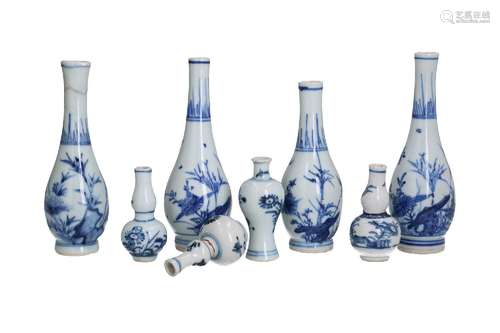 A lot of eight blue and white porcelain miniature vases, dec...