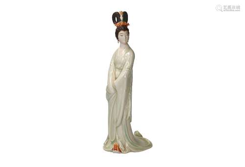 A polychrome porcelain sculpture, depicting an elegant lady