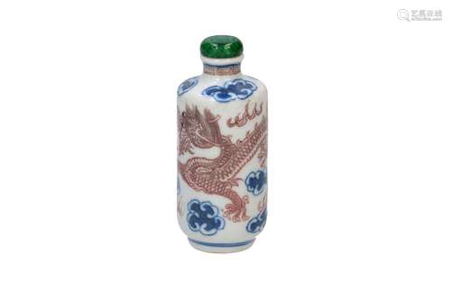 A blue and underglaze red porcelain snuff bottle with malach...