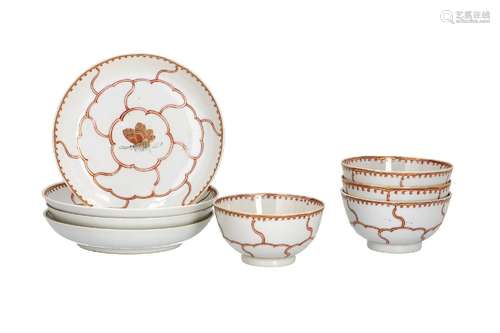 A set of four polychrome porcelain cups with saucers, decora...