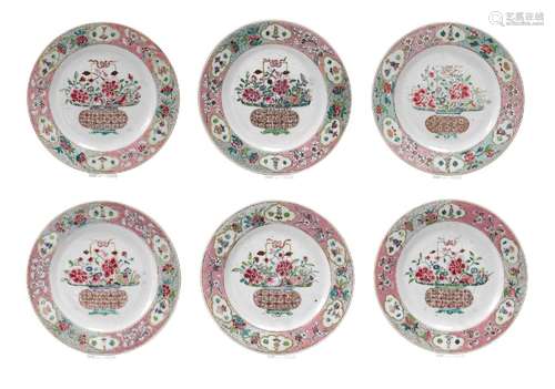 A set of six famille rose porcelain dishes, decorated with f...