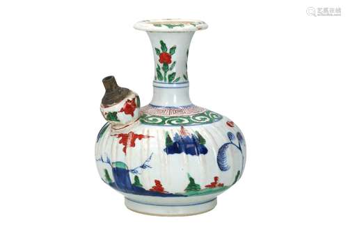 A famille verte porcelain kendi with copper mounting, decora...