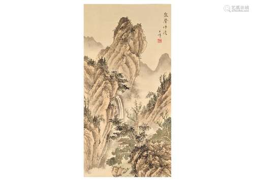 A scroll painting depicting a pagoda in a mountainous river ...