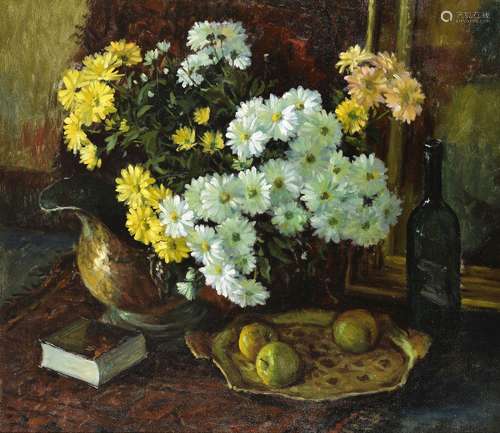 Still life with white and yellow chrysanthemums', signed low...