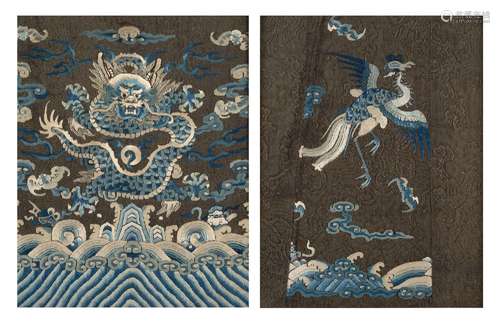 Two framed fragments of silk, one depicting a dragon, the ot...