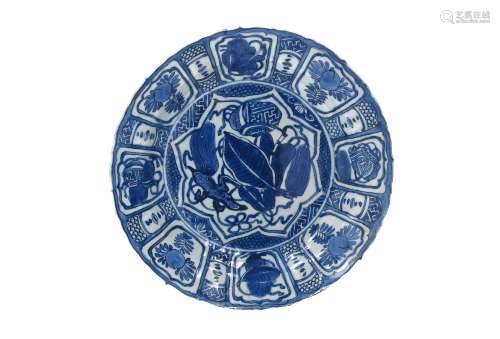 A blue and white 'kraak' porcelain dish, decorated with plan...