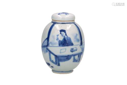 A blue and white porcelain lidded jar, decorated with figure...