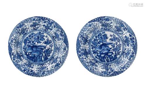 A pair of lobed blue and white porcelain dishes, decorated w...