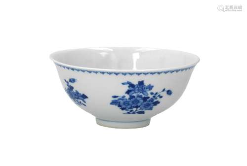 A blue and white porcelain bowl, decorated with flowers