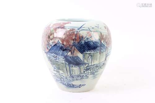 A blue, white and underglaze red vase, decorated with a fish...