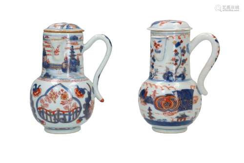 A pair of Imari porcelain lidded jugs with side pouring spou...